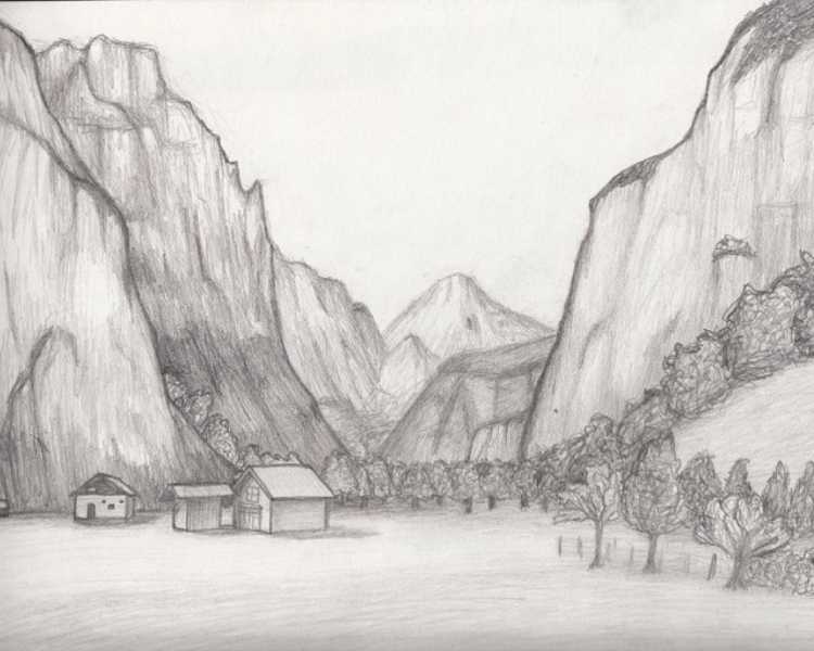 Горный пейзаж в графике