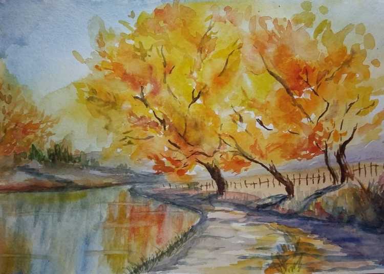 Пейзаж акварелью осень