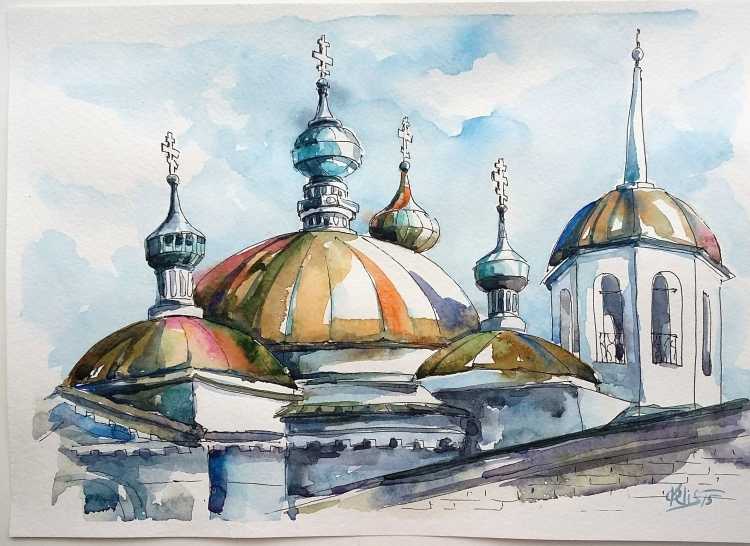 Скетчинг Церковь акварелью