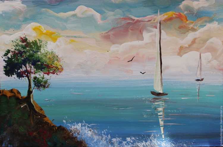 Пейзаж моря гуашью