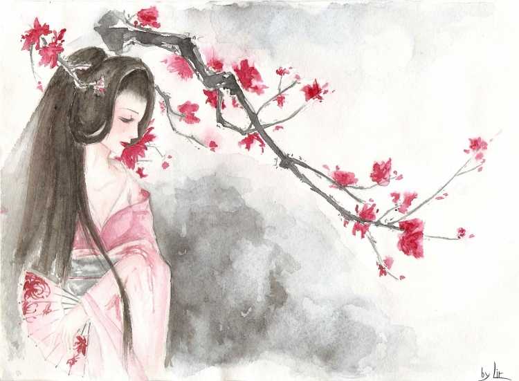 Япония Сакура гейша с веером