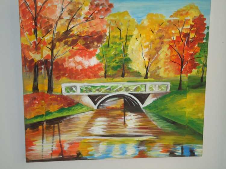 Осенний пейзаж гуашью с мостом