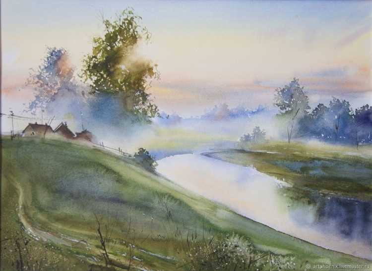 Пейзаж акварель туман