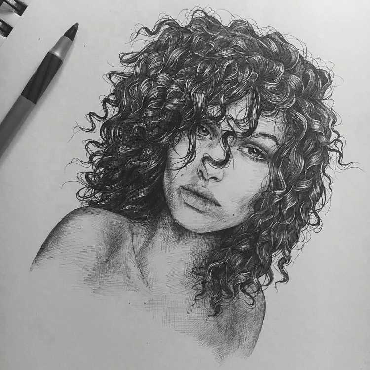 Кудрявые волосы карандашом