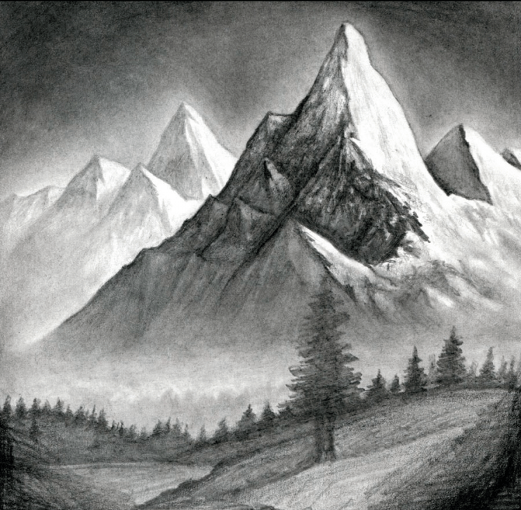 Горный пейзаж карандашом