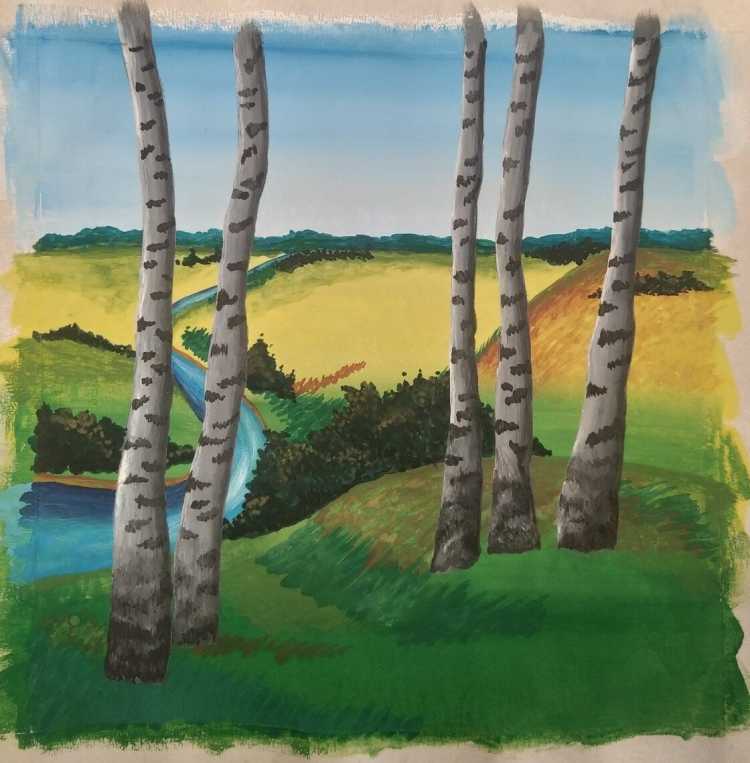 Пейзаж с березами гуашью