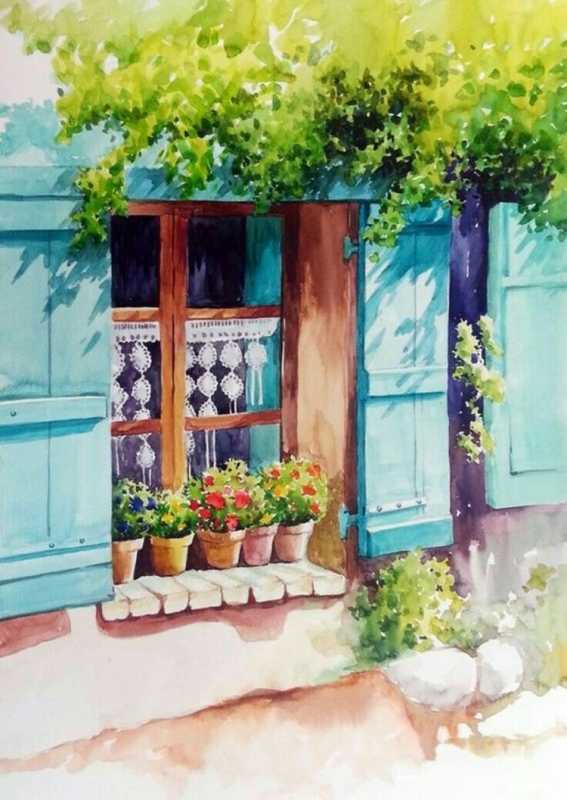 Рисование окошек акварелью