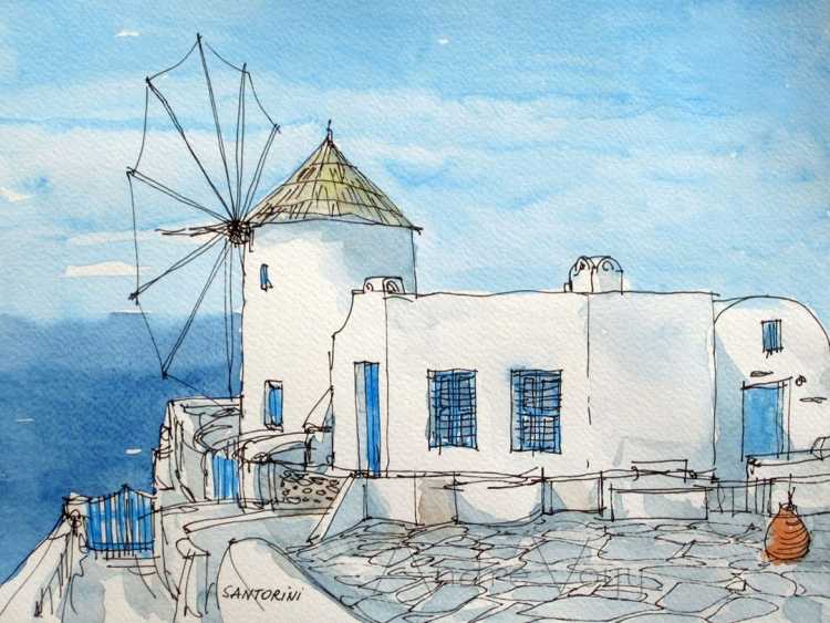 Санторини скетч акварель