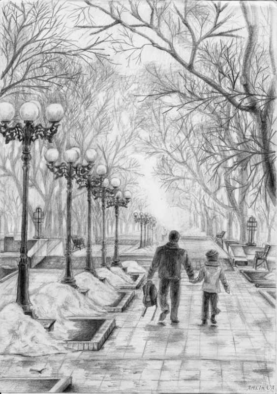 Городской весенний пейзаж карандашом