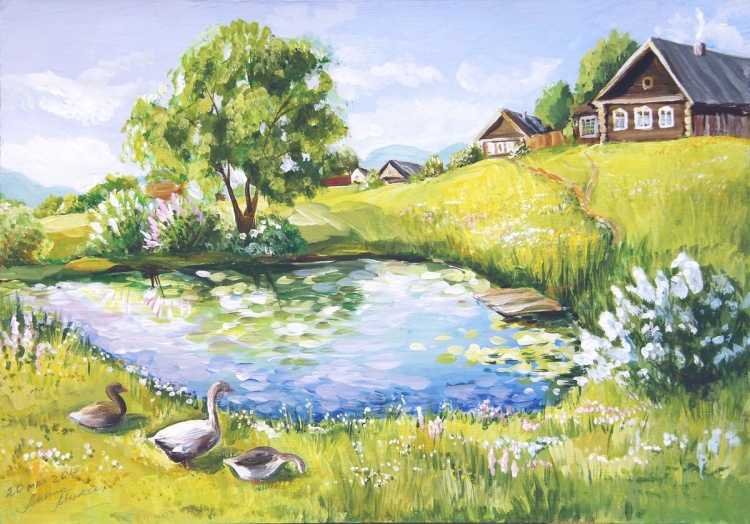 Летний пейзаж гуашью