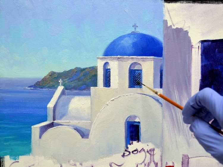 Пейзаж маслом на холсте Санторини