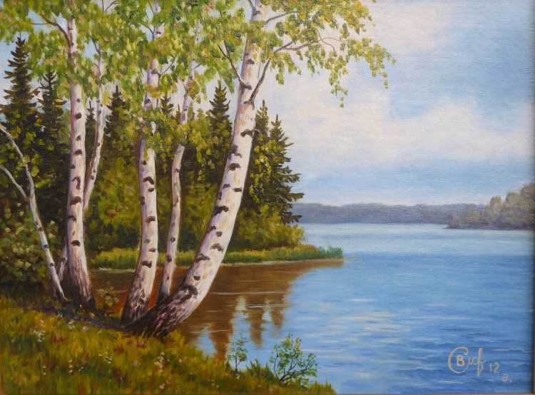 Пейзаж с березами гуашью