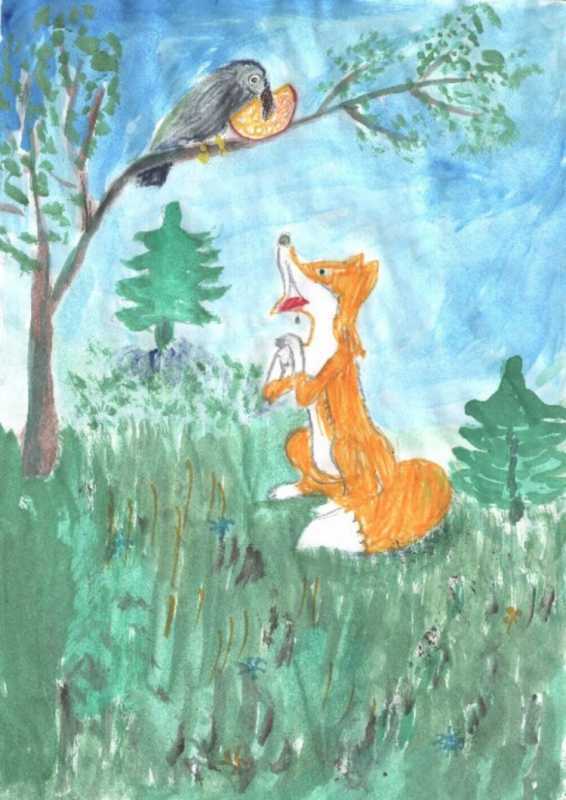 Иллюстрация по басне ворона и лисица