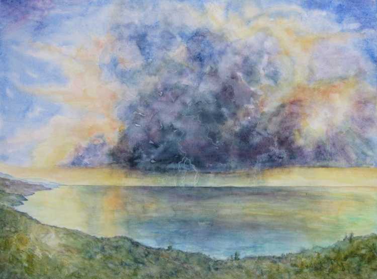 Гроза над морем акварель