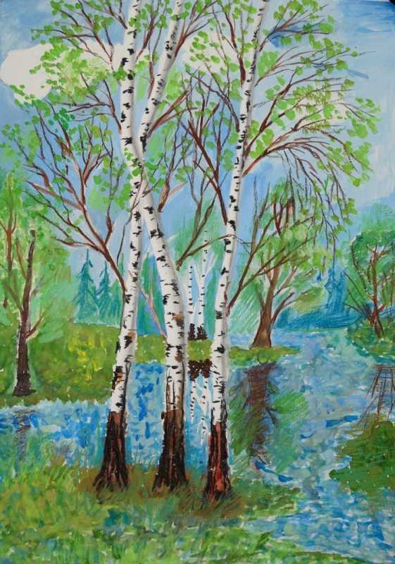 Пейзаж с березами гуашью