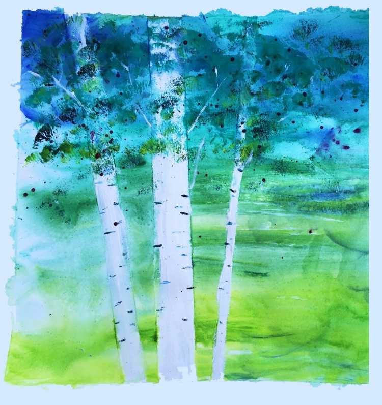 Пейзаж с березами акварелью и карточкой!