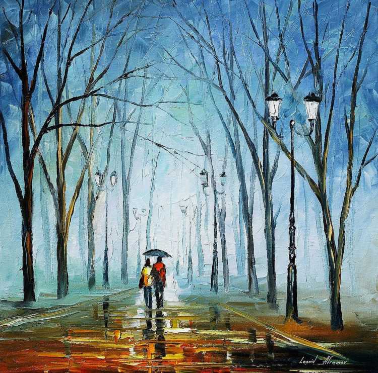 Пейзаж с человеком гуашью