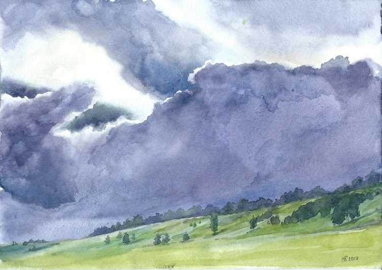 Пейзаж гроза акварелью