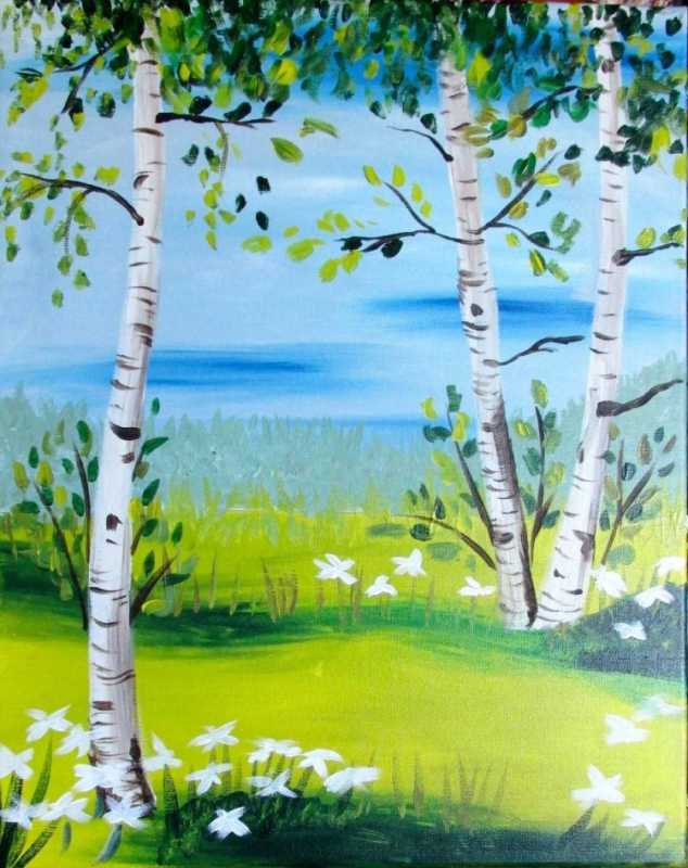 Пейзаж с березами гуашью