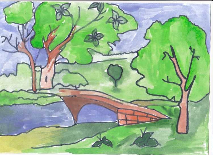 Рисунок родного края с Волгой карандашами