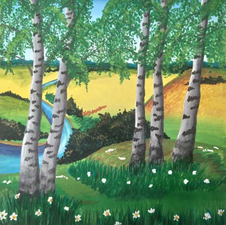 Березки пейзаж гуашью