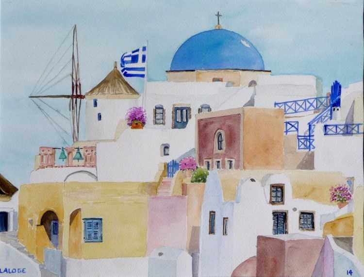 Санторини рисунок акварелью