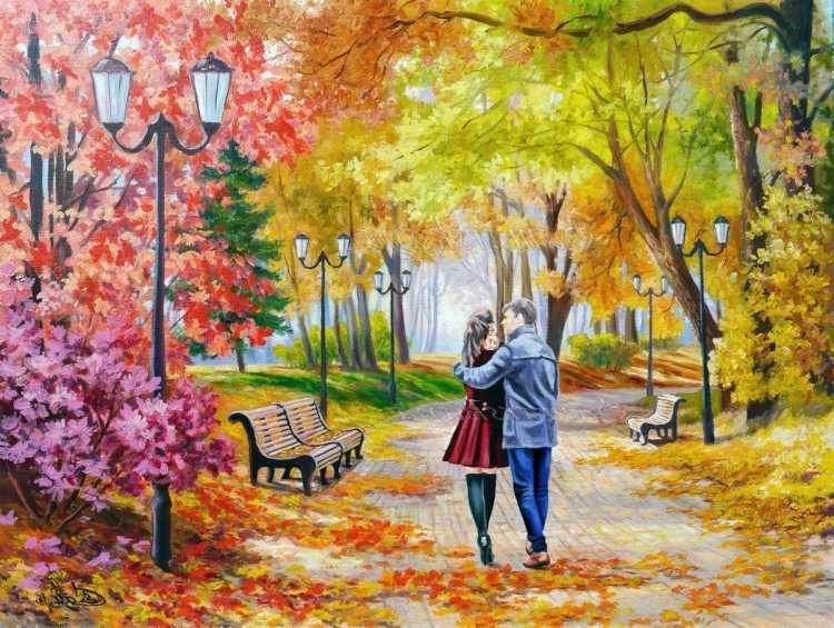 Осенний парк скамейка двое картина по номерам