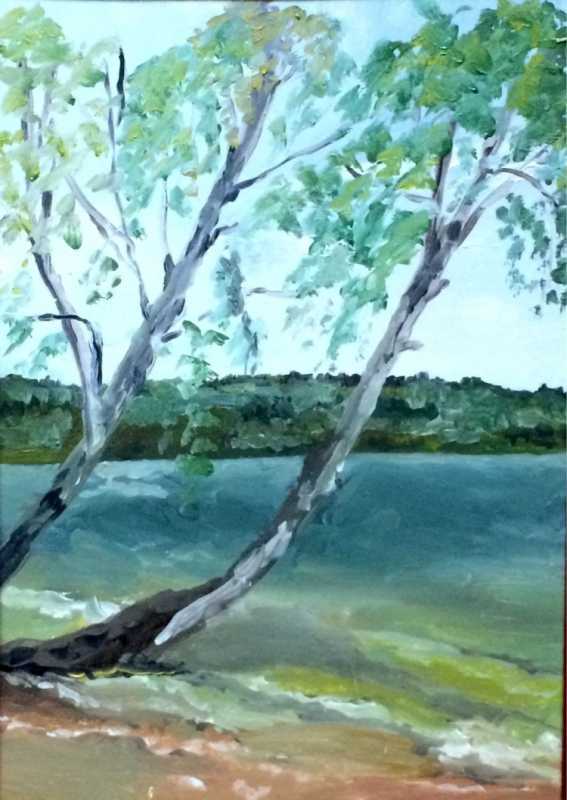 Пейзаж береза и речка карандашом