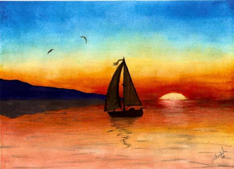 Закат на море карандашом