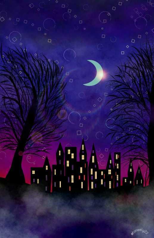 Ночной город гуашью