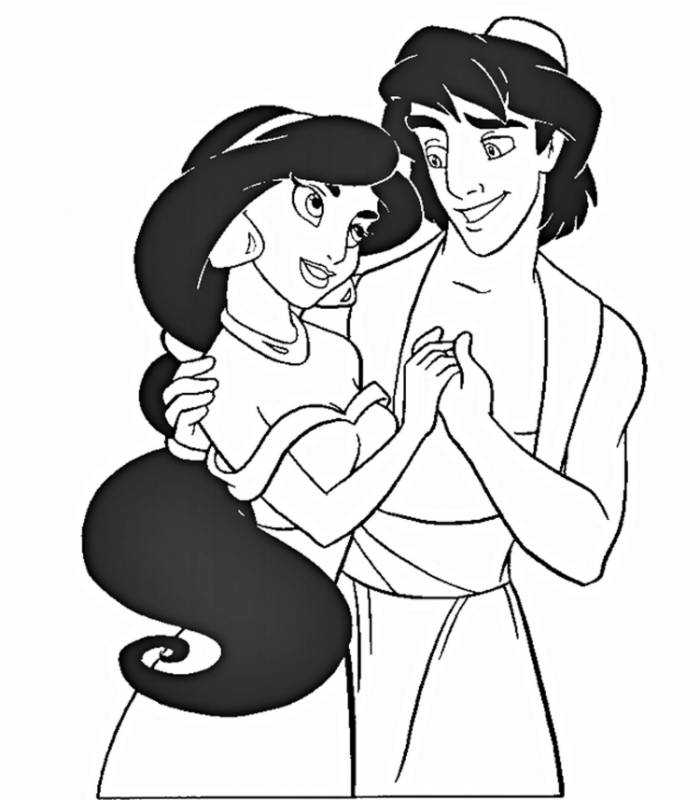 Раскраска Аладдин и Жасмин и Джин