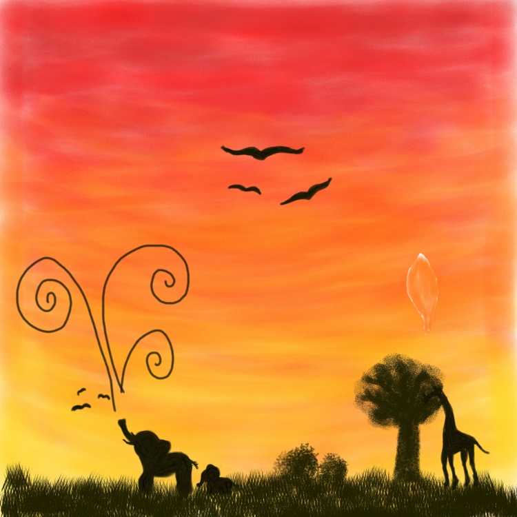 Дерево на фоне заката рисунок