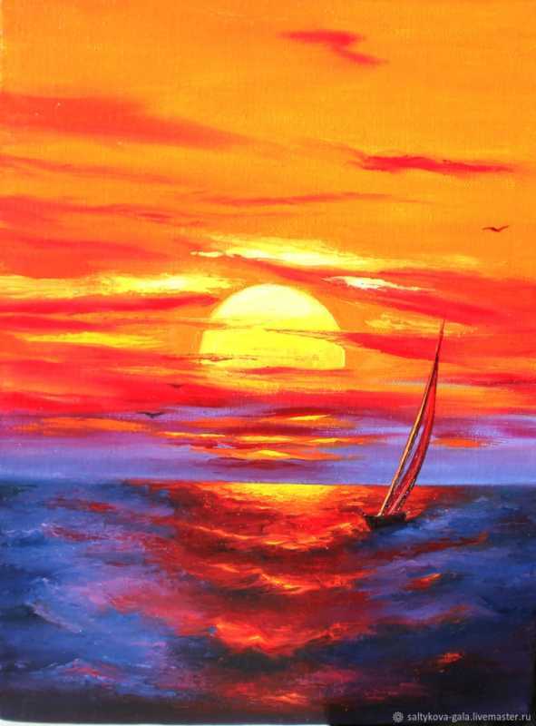 Закат на море гуашью