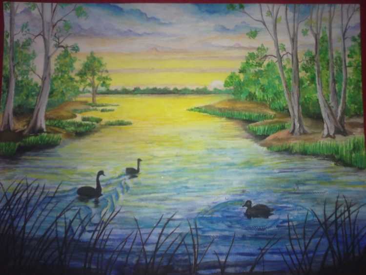 Речной пейзаж цветными карандашами