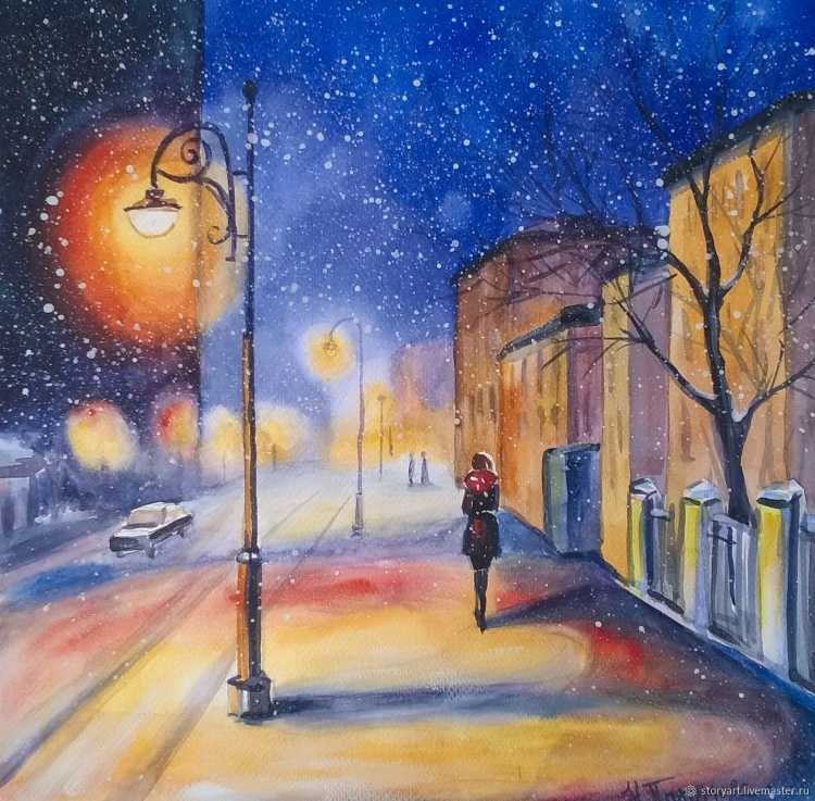 Ночной город гуашью