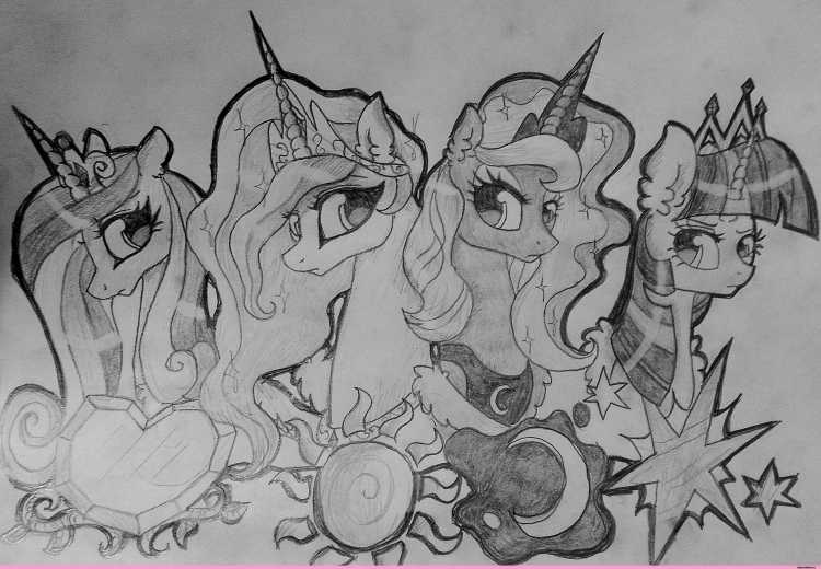 Раскраска принцесса Селестия и Луна и Каденс