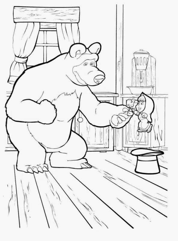 Раскраска медведь и грибники