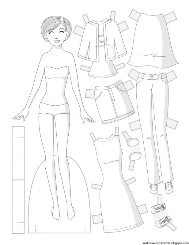 Бумажная кукла с одеждой раскраска