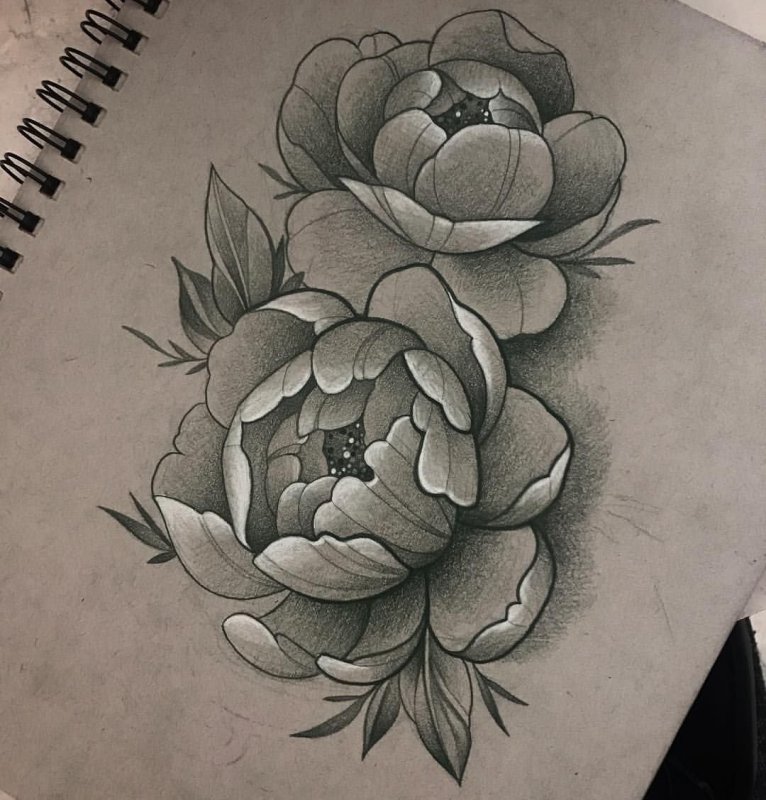 Тату пионы лайнворк