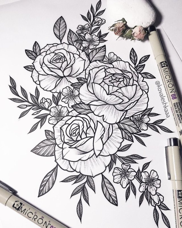 Пионы лайнворк эскиз