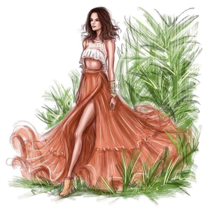 Девушки в развивающем платье рисунок