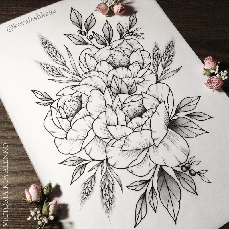 Пионы тату эскизы цветные