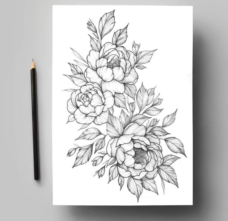 Эскиз тату пионы небольшие