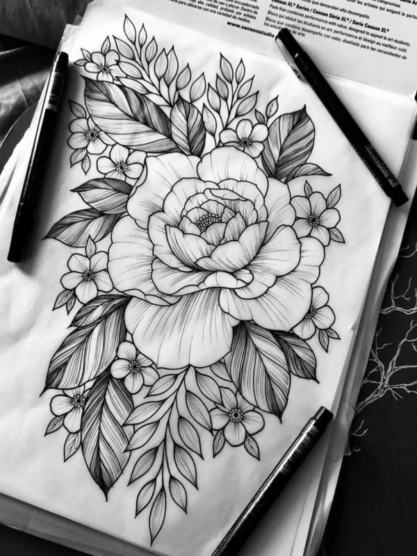 Эскиз тату пионы