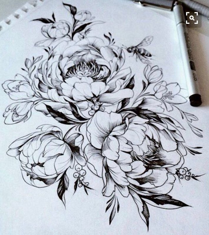 Пион с листьями тату эскиз