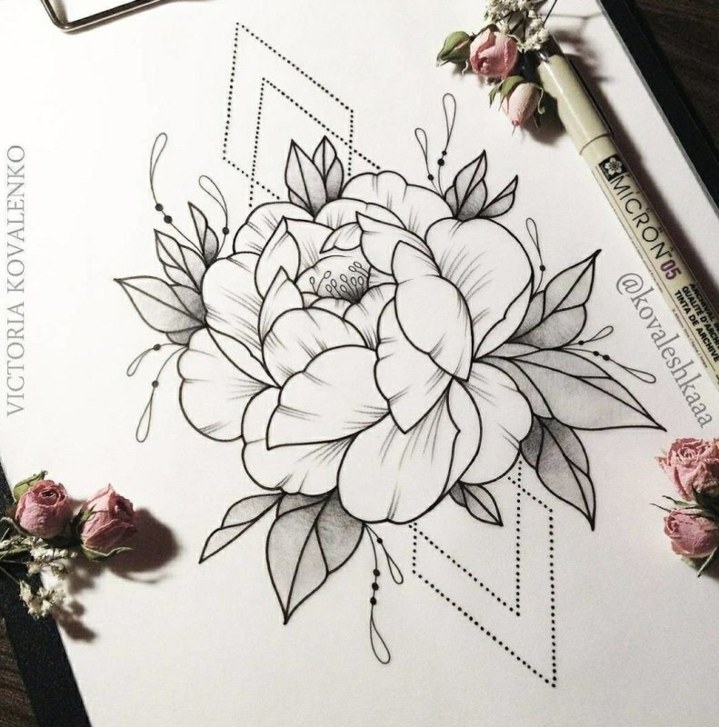 Эскизы пионов для тату
