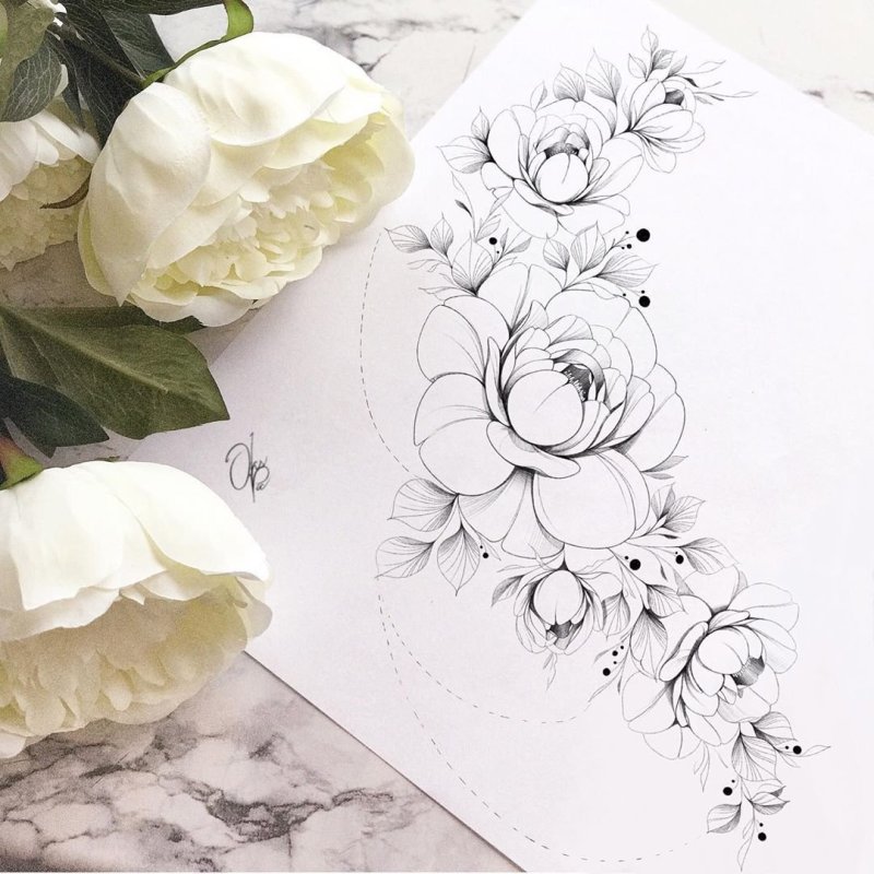 Тату пион linework