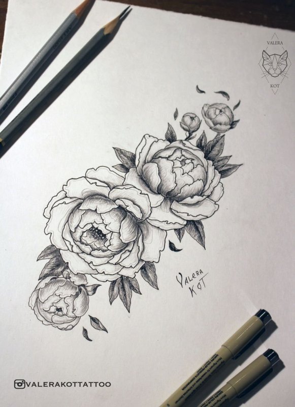Тату пион маленький эскиз