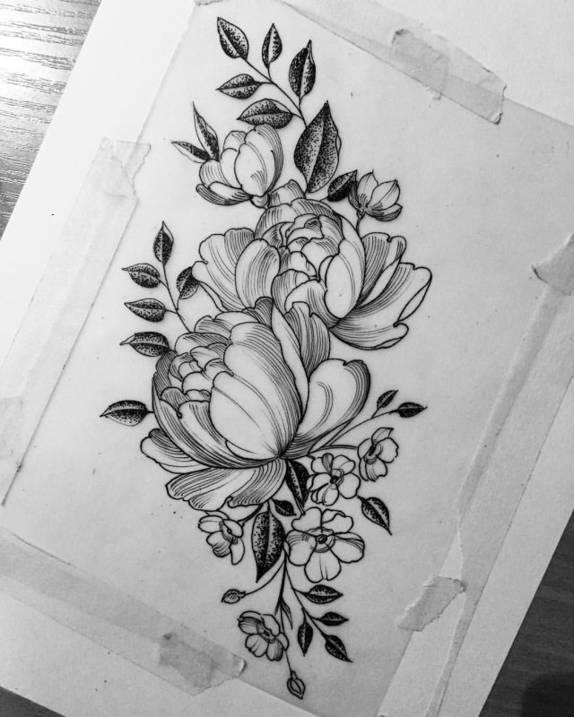 Эскиз тату пионы