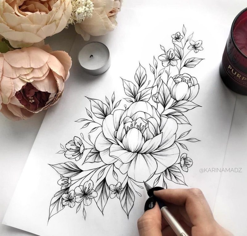Эскиз тату пионы